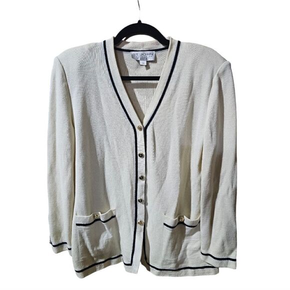 ST. JOHN Striped Knit Sweater Cardigan Cream Black Stripes - Size 10 - Picture 1 of 8